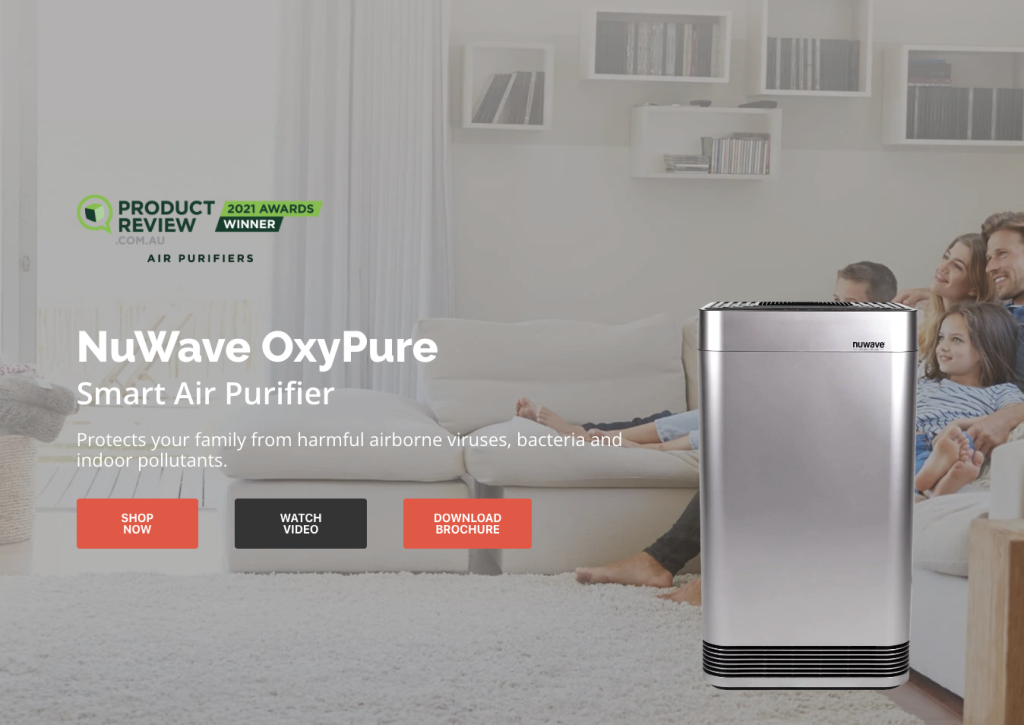 NuWave OxyPure landing page — Smart Air Purifier, Product Review Australia badge