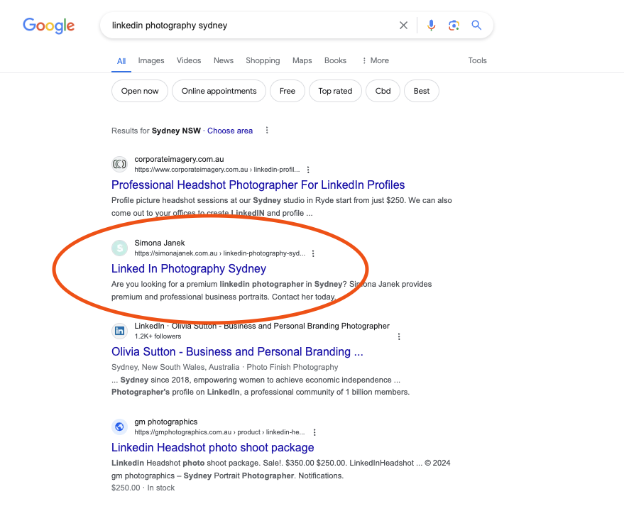 Simona Janek ranked #2 on Google for LinkedIn Photography Sydney