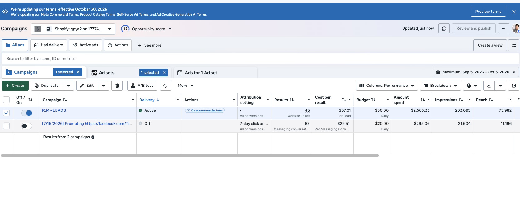 Timber M8 Meta Ads Manager - campaign view showing 45 website leads at $57.01 cost per lead on $2,565.33 spend