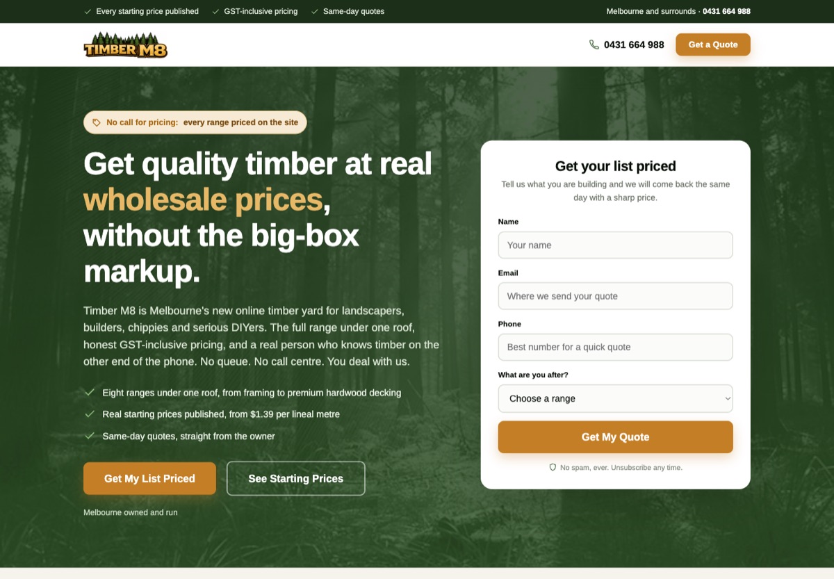 Timber M8 landing page hero on desktop with the quote form